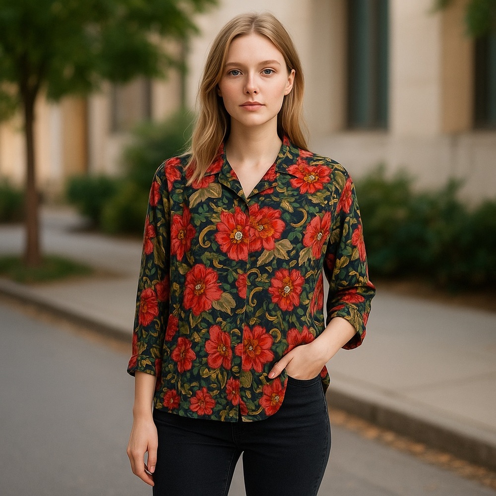 Fashion Passport Floral Poppy Multi Colored Blouse Shirt‎ M Women Retro Boho Top